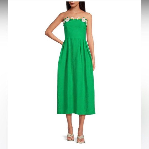 NWT Fanm Mon Citron White Full Bloom Rose Embroidered Detail Linen Midi Dress - Picture 5 of 9